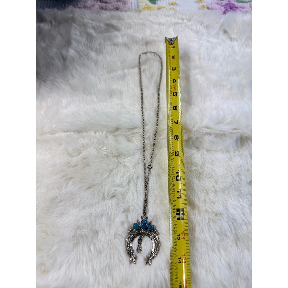 Western Horseshoe Squash Blossom Turquoise Necklace Silver Tone - Picture 7 of 7